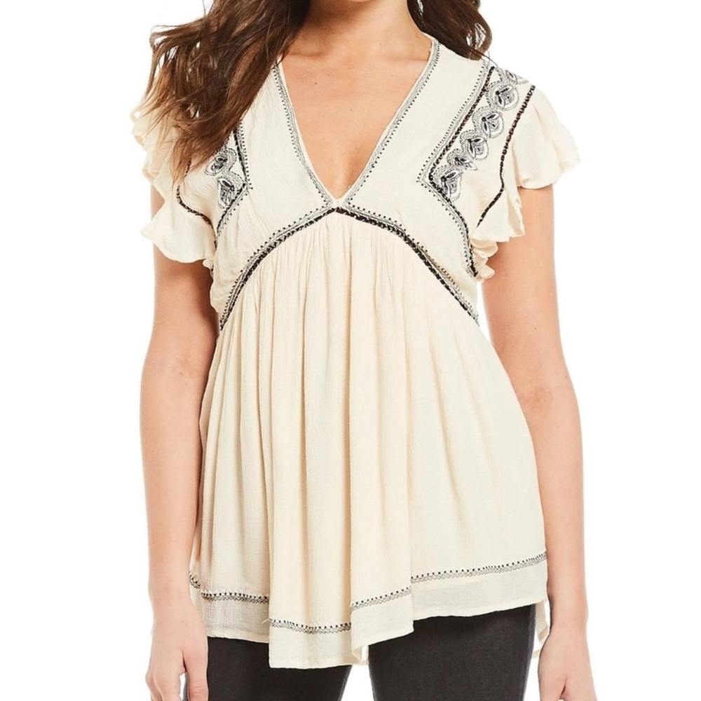 FREE PEOPLE Boho Fallen Waterfall Embroidered Ivory Ruffle Sleeve Top Size Small